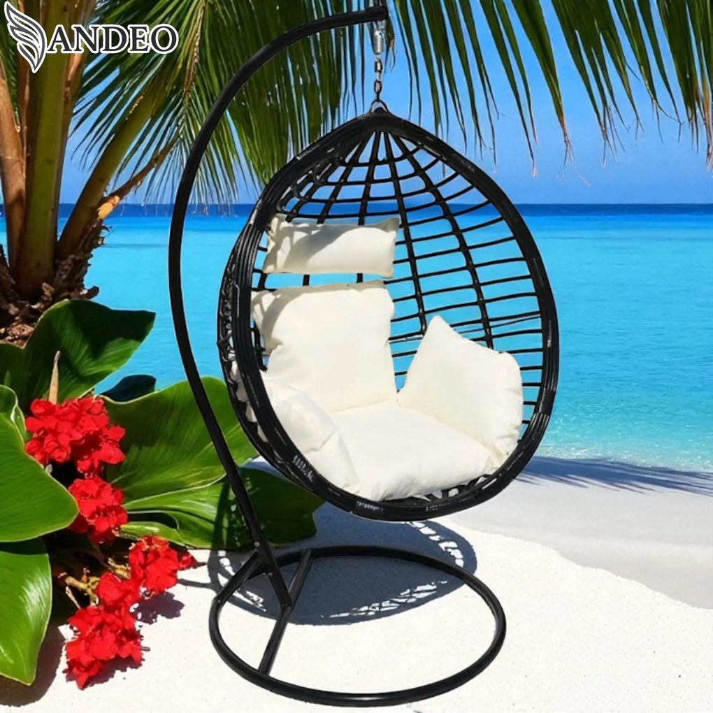 Závesné hojdacie kreslo TOBAGO EXTRA - čierne + biele vankúše