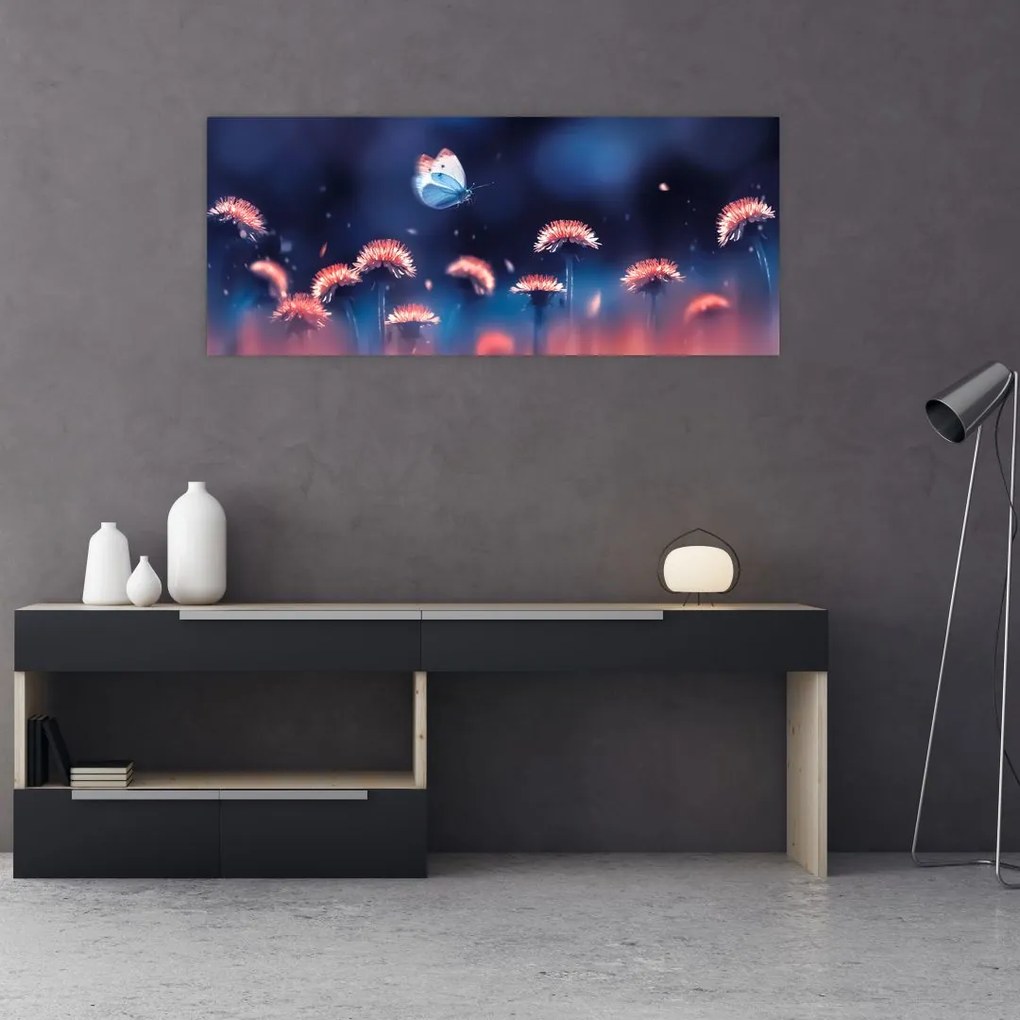 Obraz púpav s modrým motýľom (120x50 cm)