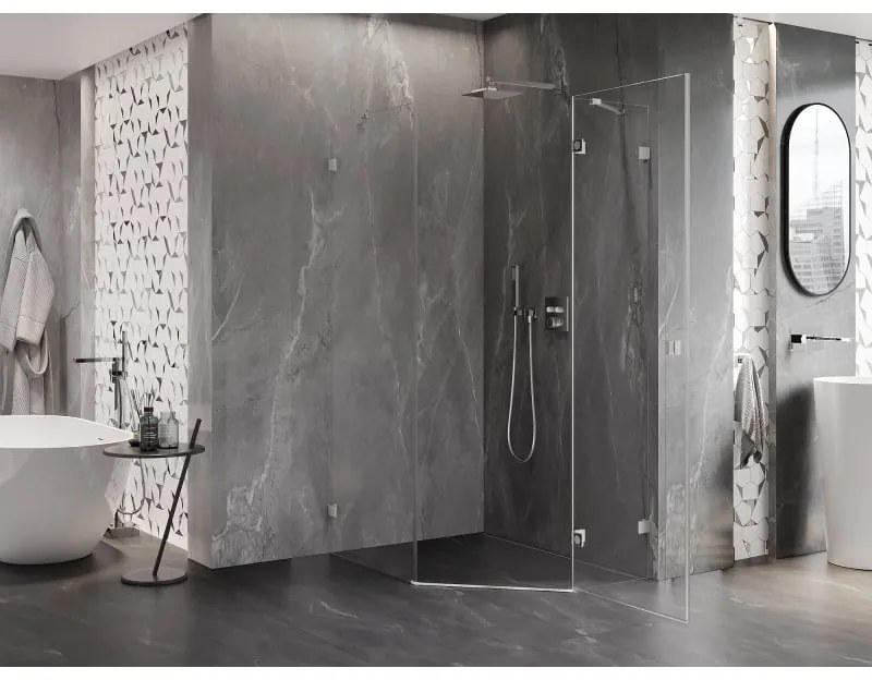 Mexen Lunar, pravý výklopný päťuholníkový sprchový kút 90 x 100 cm, 8mm číre sklo, oceľový profil, 831-090P-100L-97-00-P