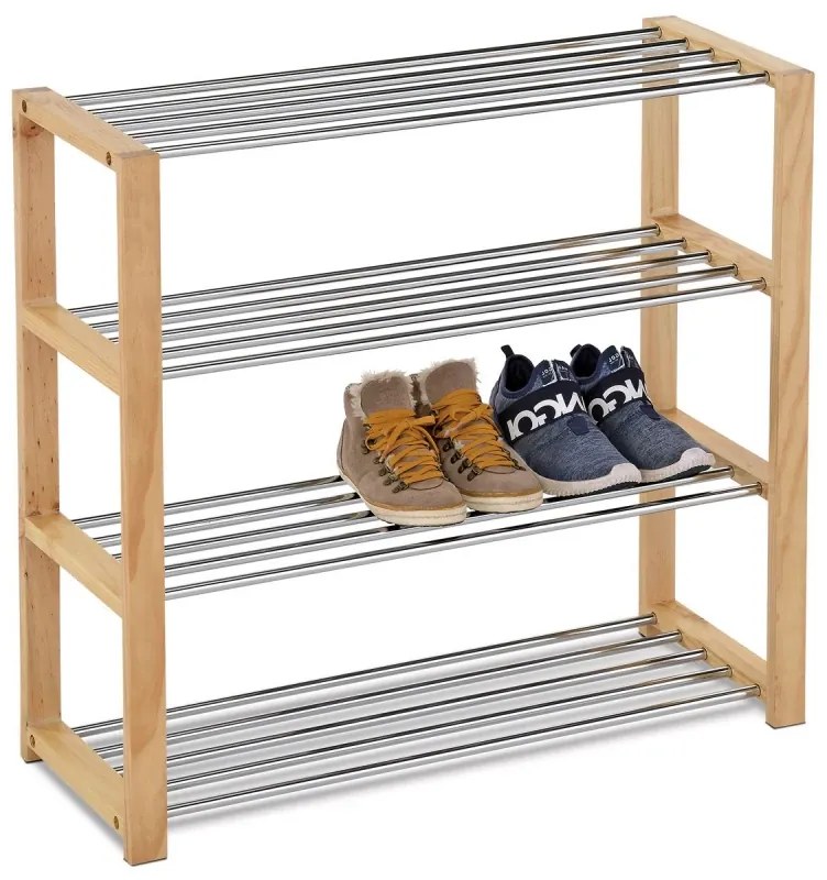 Botník, 4 kovové chromované police, masiv kaučukovník, přírodní odstín a lak