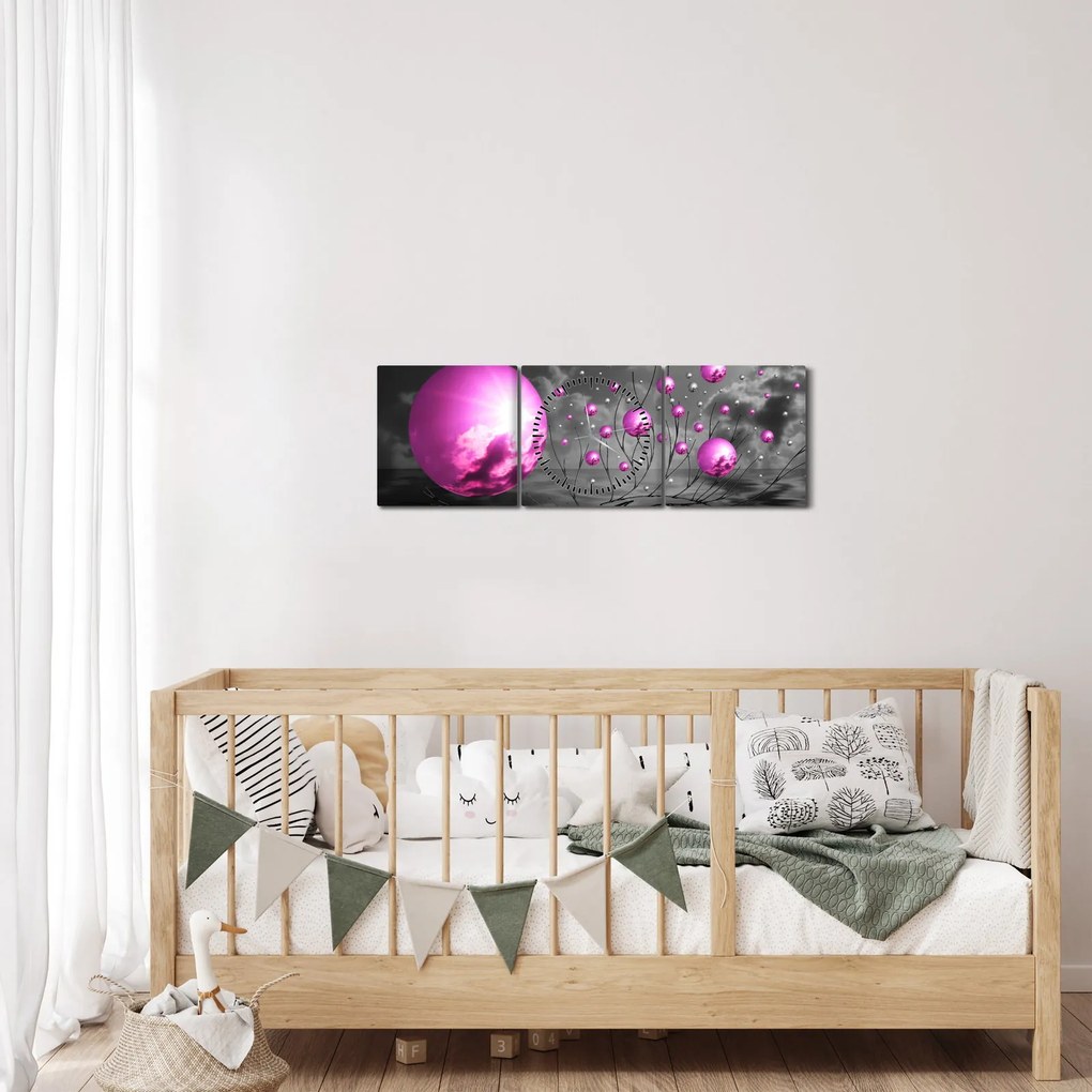 Obraz ružových gulí (s hodinami) (90x30 cm)