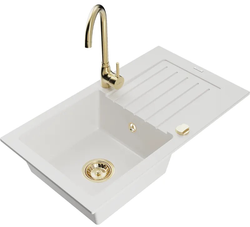 Mexen Pablo, 1-komorový granitový drez s odkvapkávačom 75x44 cm a kuchynskou batériou Telma, biela, 6510-20-670200-50