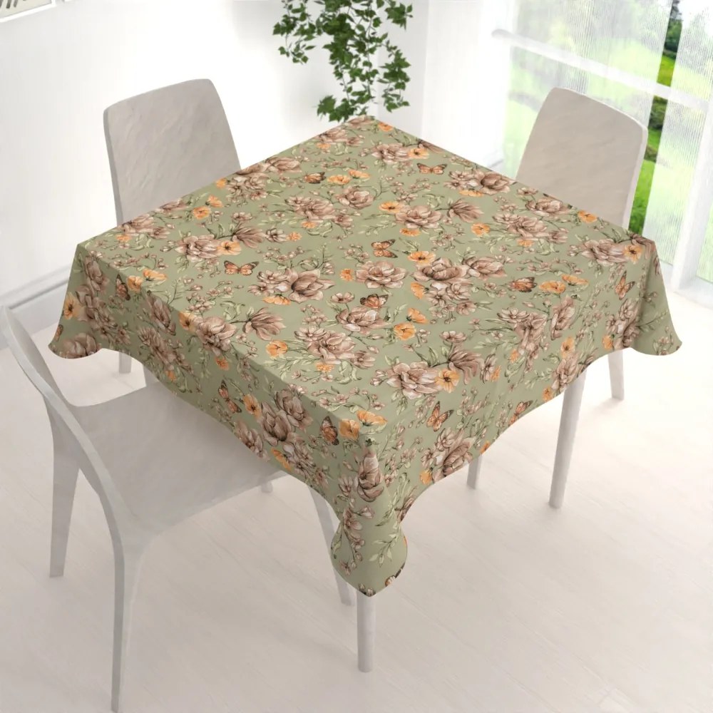 Biante Bavlnený štvorcový obrus Sandra SA-472 Hnedé kvety magnólie na zelenom 70x70 cm