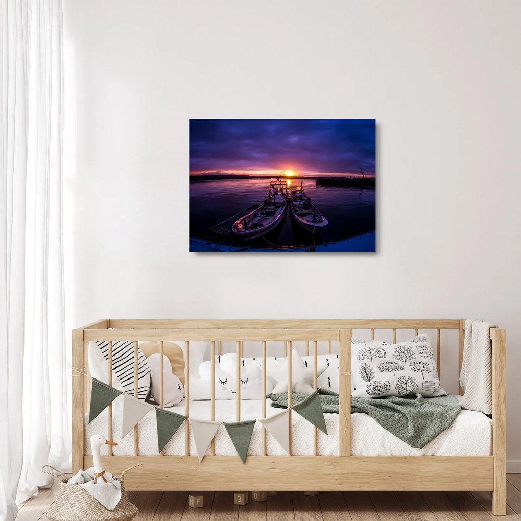 Sklenený obraz rybárskych lodí v prístave (70x50 cm)