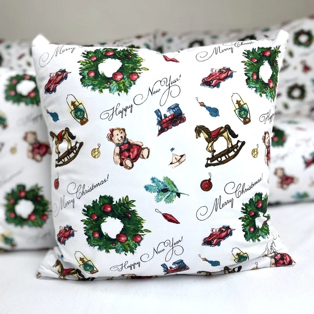 Vianočná obliečka na vankúš TEDDY – 100 % bavlna, retro motív, viac rozmerov Veľkosť: 40x40 cm