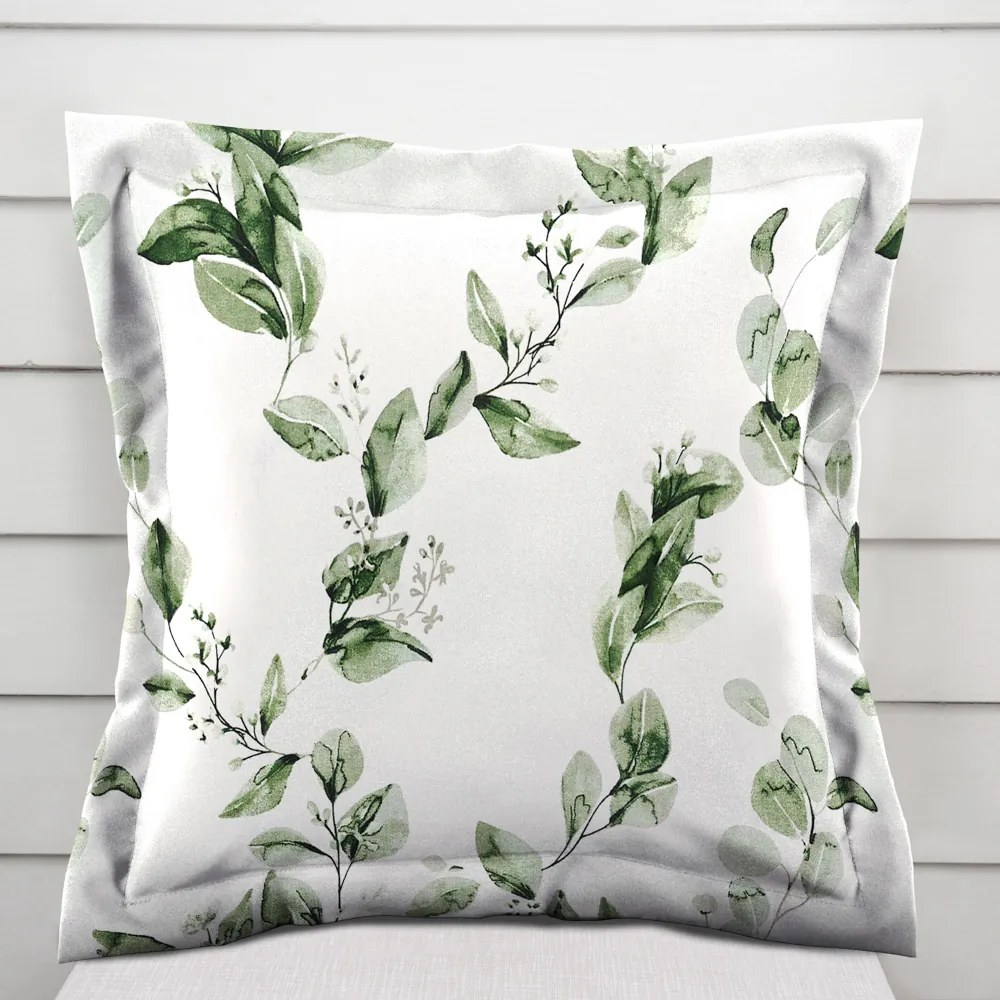 Biante Bavlnená obliečka na vankúš s lemom Sandra SA-422 Zelené listy na bielom 60 x 60 cm