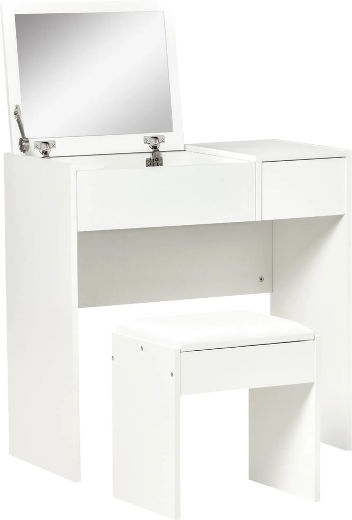 HOMCOM Moderný Make-up Toaletný Stôl 80L x 40W x 79H cm So Sklápacím Zrkadlom, Zásuvkou, Úložným Priestorom Biela + Stolička | Aosom