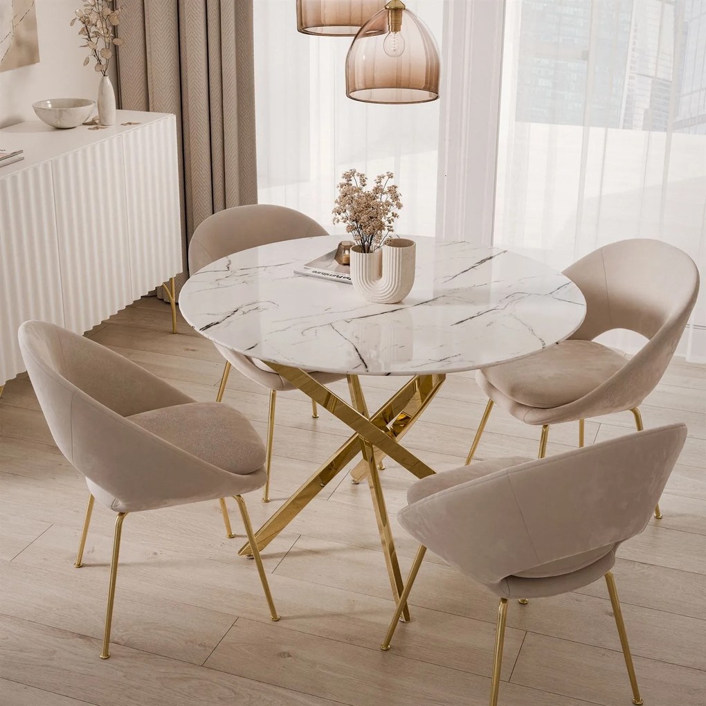 Okrúhly jedálenský stôl MASME biely mramor + zlatá