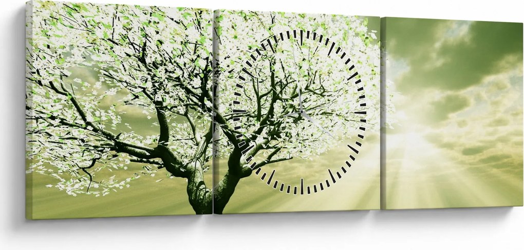 Obraz kvitnúceho stromu (s hodinami) (90x30 cm)