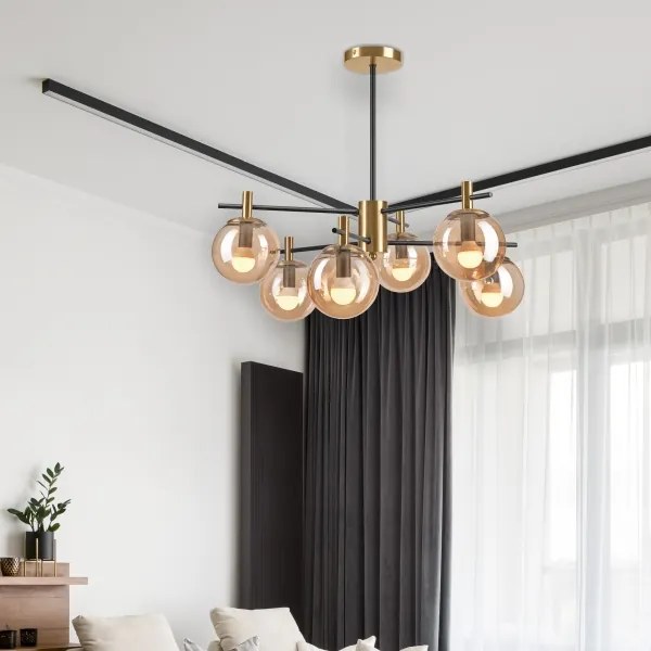 Luster na tyči LILOU 6xE14/5W/230V zlatá/čierna/dymová béžová