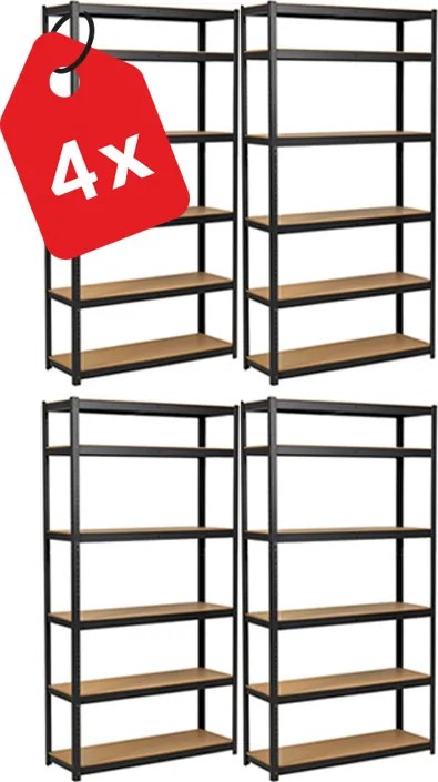 Akcia 4x Regál 220x100x60 cm lakovaný 6-policový, nosnosť 1050 kg - čierny - 4ks