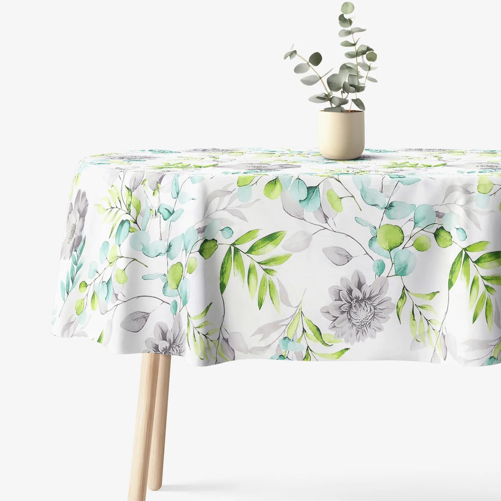 Goldea oválny obrus 100% bavlnené plátno deluxe - eukalyptus s kvety 140 x 220 cm
