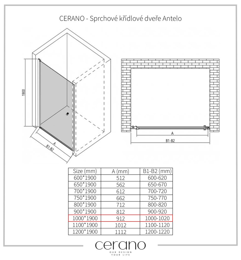 Cerano Antelo, 1-krídlové sprchové dvere 100x190 cm, 6mm číre sklo, chrómový profil, CER-CER-432421
