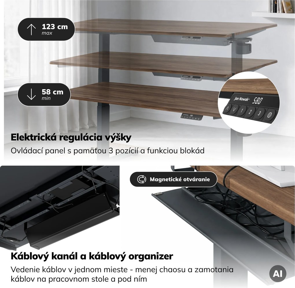 Elektrický stôl s reguláciou výšky ergonomický antracitový/orech,1600x800 mm: ARIA