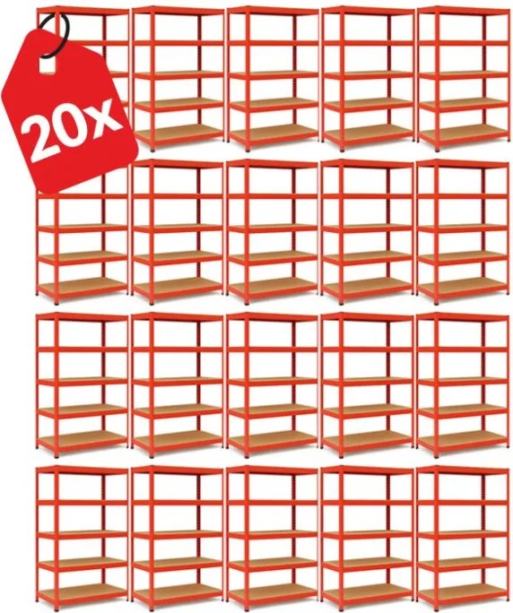 Akcia 20x Regál 180x90x40 cm lakovaný 5-policový, nosnosť 875 kg - červený