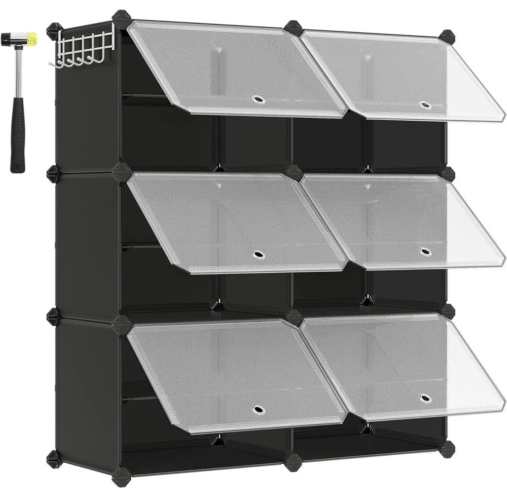 Skrinka na topánky, 6-priehradkový modulárny úložný organizér, čierny