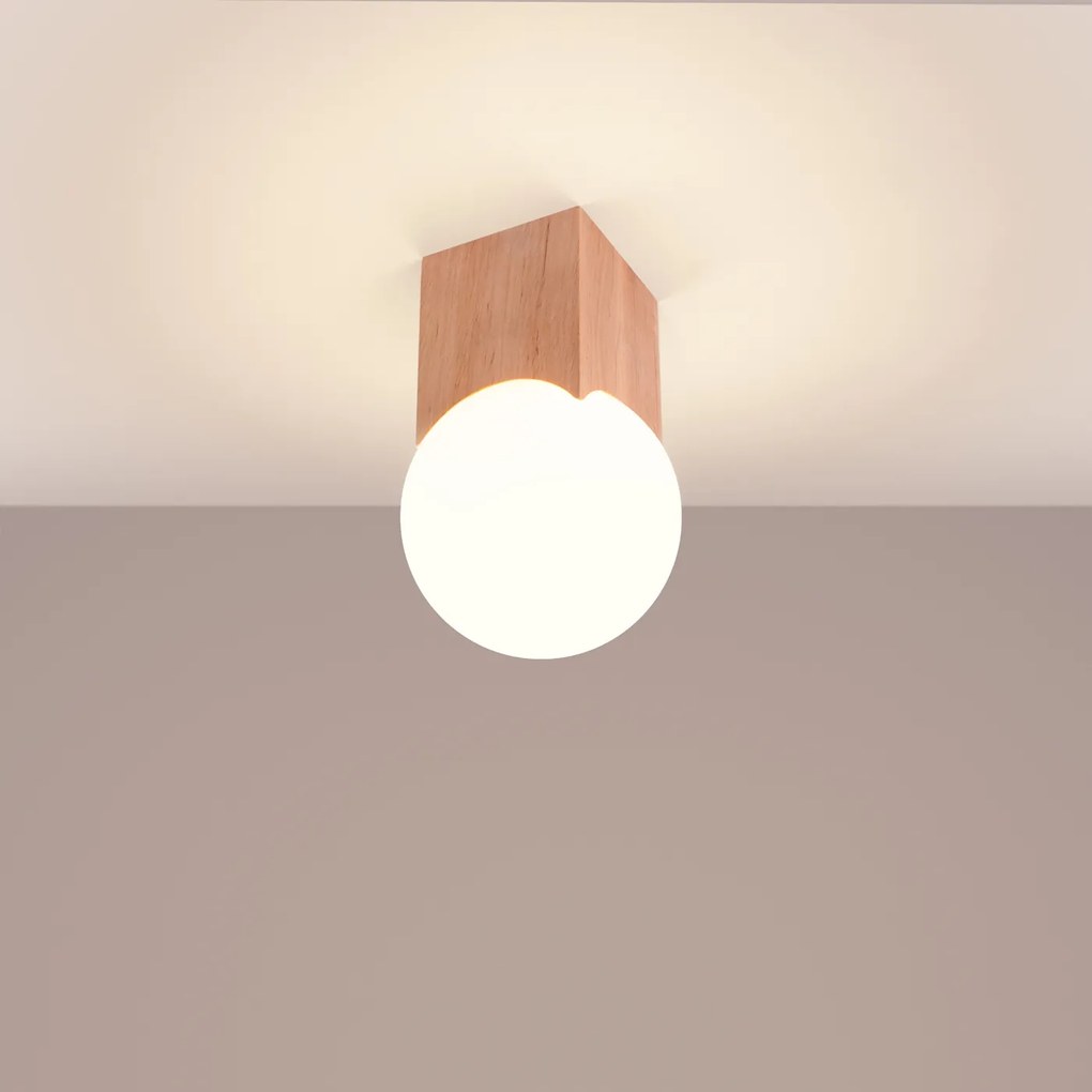 Stropné svietidlo Solis, 1x biele sklenené tienidlo, drevo