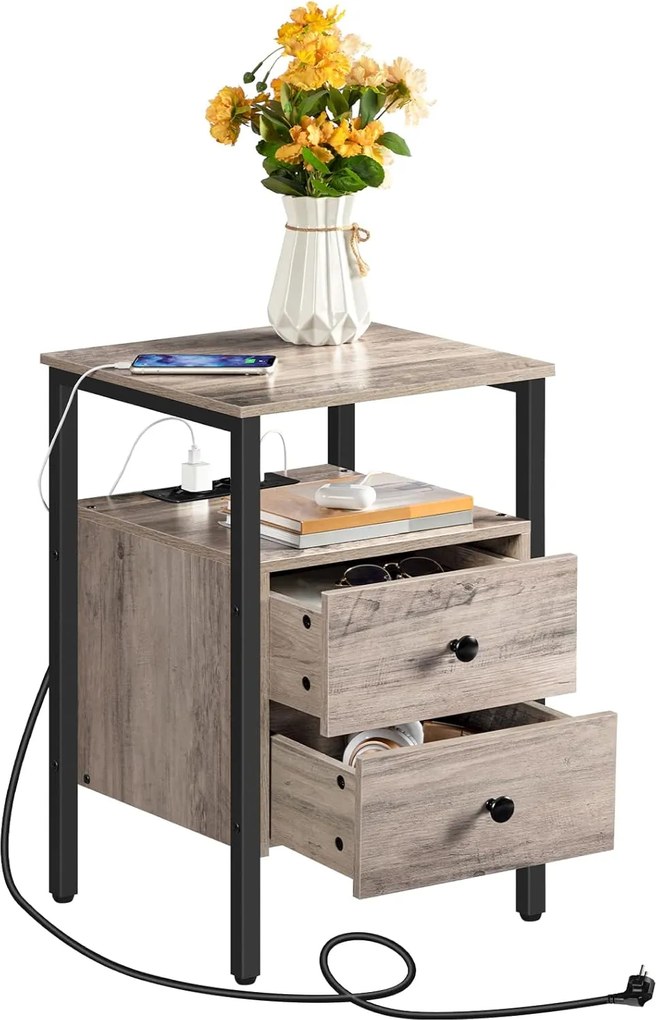 Noční stolek Vasagle Jungo 40 cm s nabíjecí stanicí šedý/černý