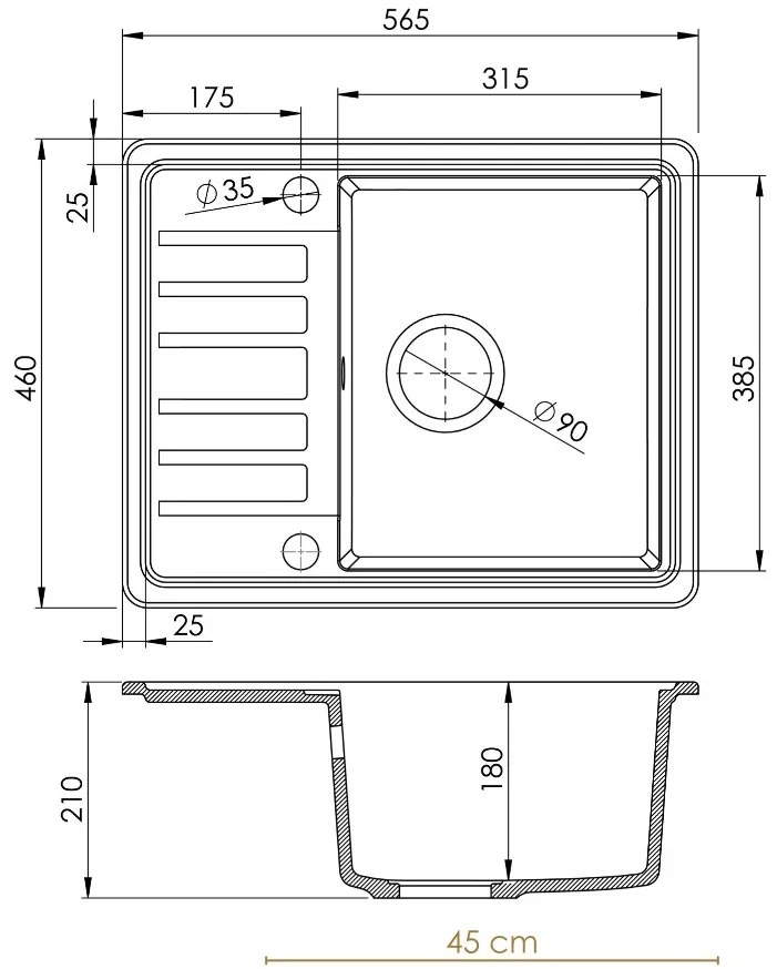 Sink Quality Sapphire, granitový kuchynský drez 565x460x210 mm + zlatý sifón, 1-komorový, biela, SKQ-SAP.W.1KKO.XG
