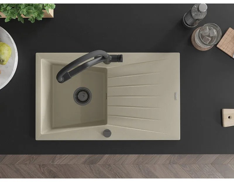 Mexen Cesar, 1-komorový granitový drez 775x470x190 mm a drezová batéria Duo, béžová, 6514-69-671701-70-B