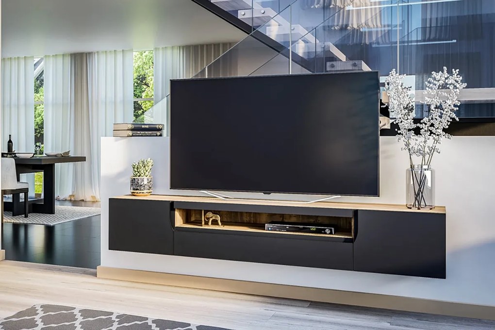 Závesná TV skrinka Loftia 200 cm dvojdverová s výklenkom - artisan / čierny mat