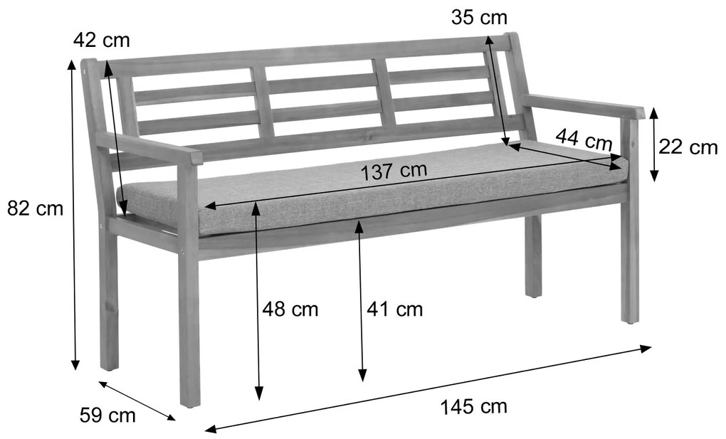 Záhradná lavička HWC-N47, 82x145x59 cm, akáciové drevo - krémovo-béžový vankúš