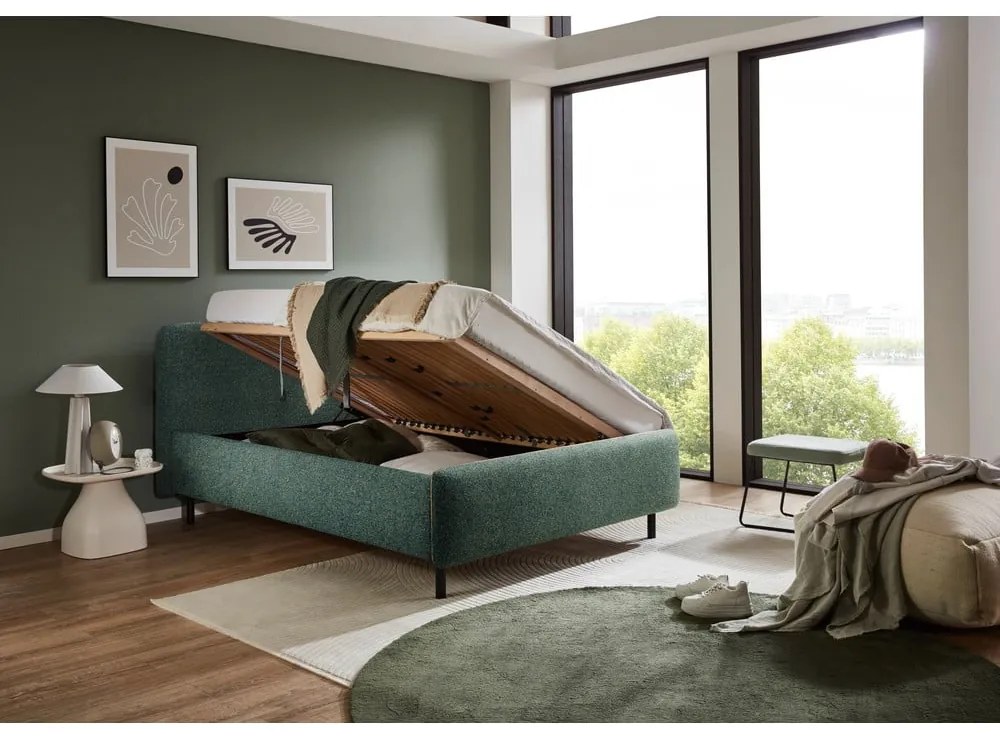 Tmavozelená čalúnená dvojlôžková posteľ s úložným priestorom s roštom 160x200 cm Primo – Meise Möbel