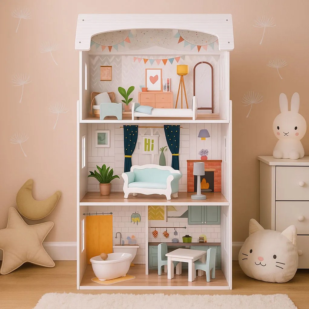 ECOTOYS Domček pre bábiky Alice z MDF, 3 poschodia, 4 izby, 9 dielov nábytku, pre deti 3+