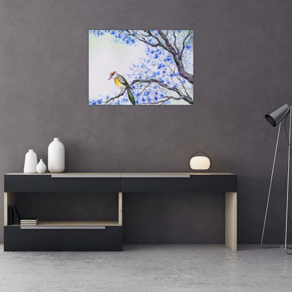Sklenený obraz - Vtáčik na strome s modrými kvetmi (70x50 cm)