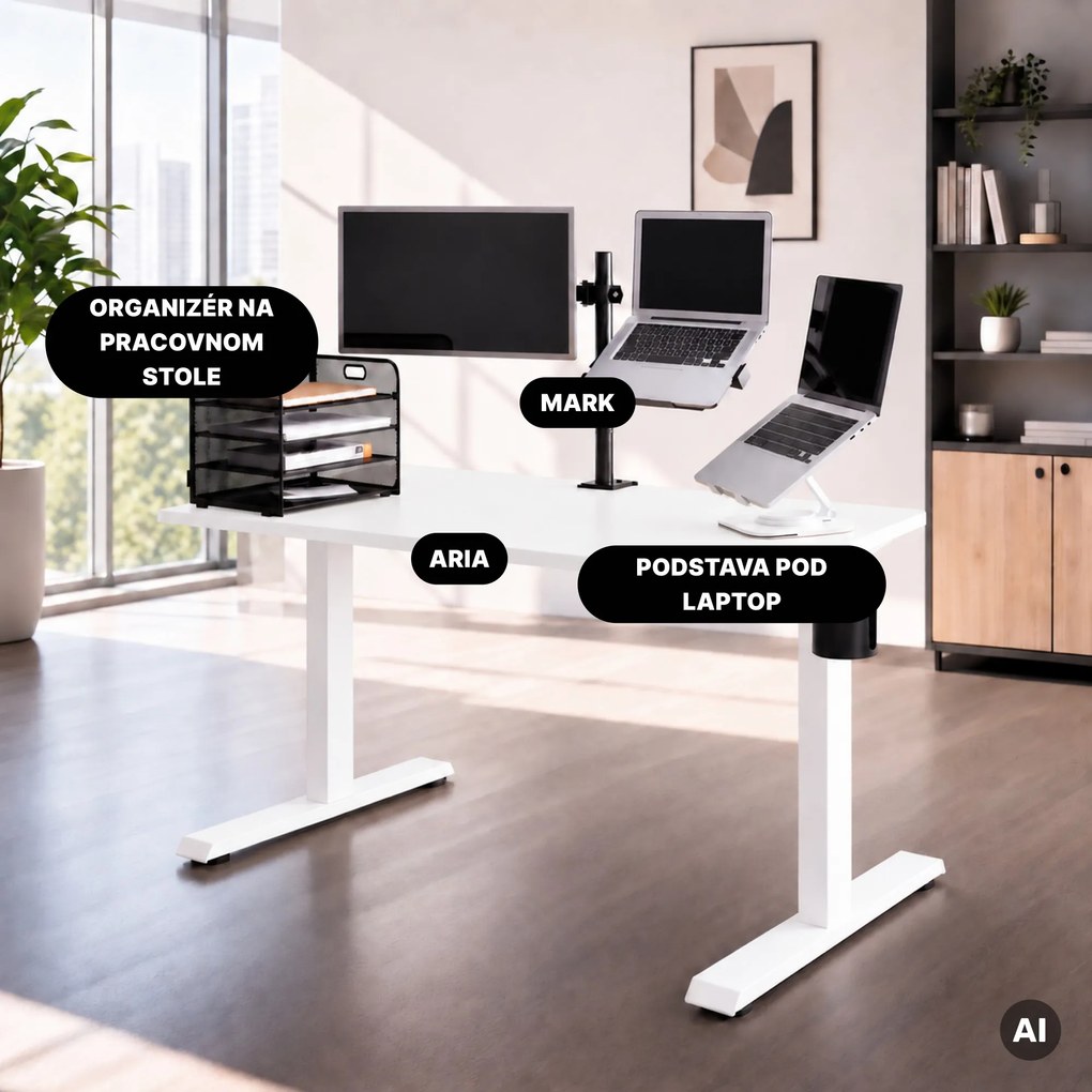 Elektrický stôl s nastaviteľnou výškou ergonomický biely,1200x600 mm: ARIA