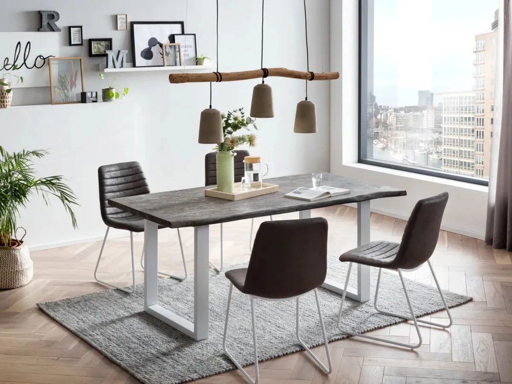 furniture-nabytek.cz - Masívna jedálenská súprava Bullwer so 4 stoličkami Milton, akácia/textil/kov, lakovaná, šedo-biela