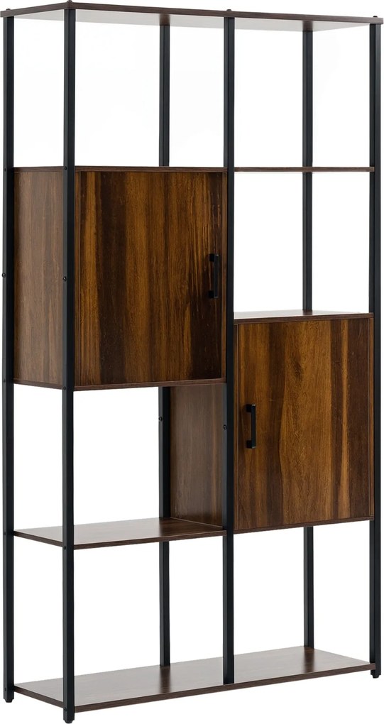 HOMCOM Moderná Kniha s Priemyselným Štýlom s 4 Policami a 2 Skrinkami, Kovová a Drevená Polica pre Domov a Kanceláriu, 90x30x159,5cm, Čierna a Rustiká