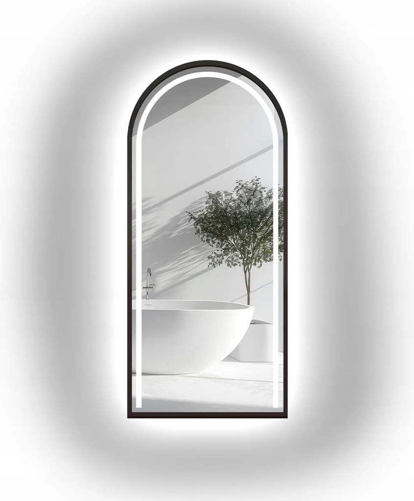 Polooválne zrkadlo Plato v čiernom ráme Mdf s Led podsvietením 103x203