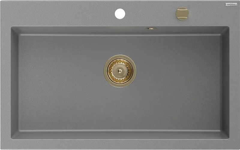 Mexen Elix, 1-korový granitový drez 800 x 500 mm, šedá, zlatý sifón, 6527801005-71-G