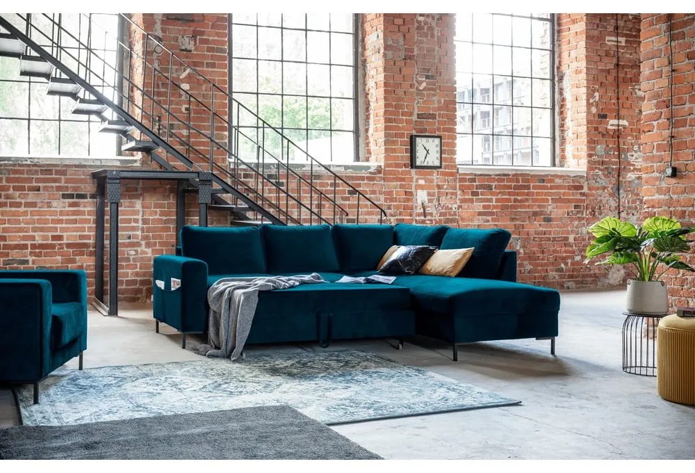 Tyrkysová zamatová rozkladacia rohová pohovka (pravý roh) Lofty Lilly – Miuform