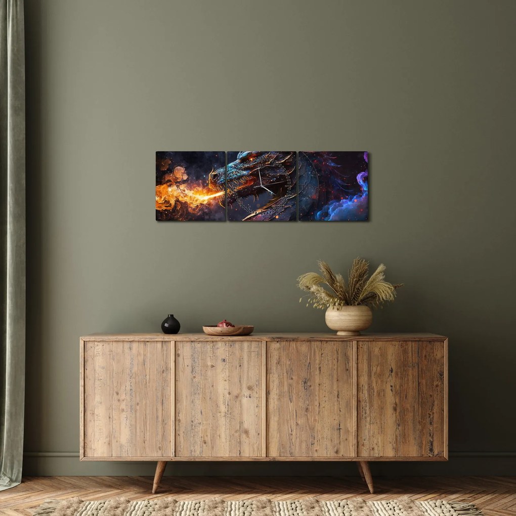 Obraz - Drak pľuvajúce plamene (s hodinami) (90x30 cm)