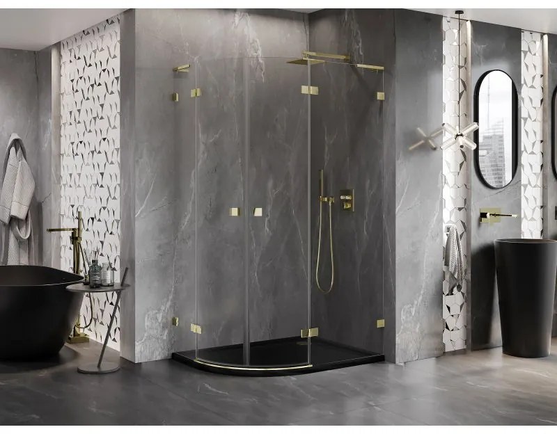 Mexen Lunar, L pravý polkruhový sprchový kút 90 x 80 cm, 8mm číre sklo, zlatý profil, 833L-090P-080L-50-00