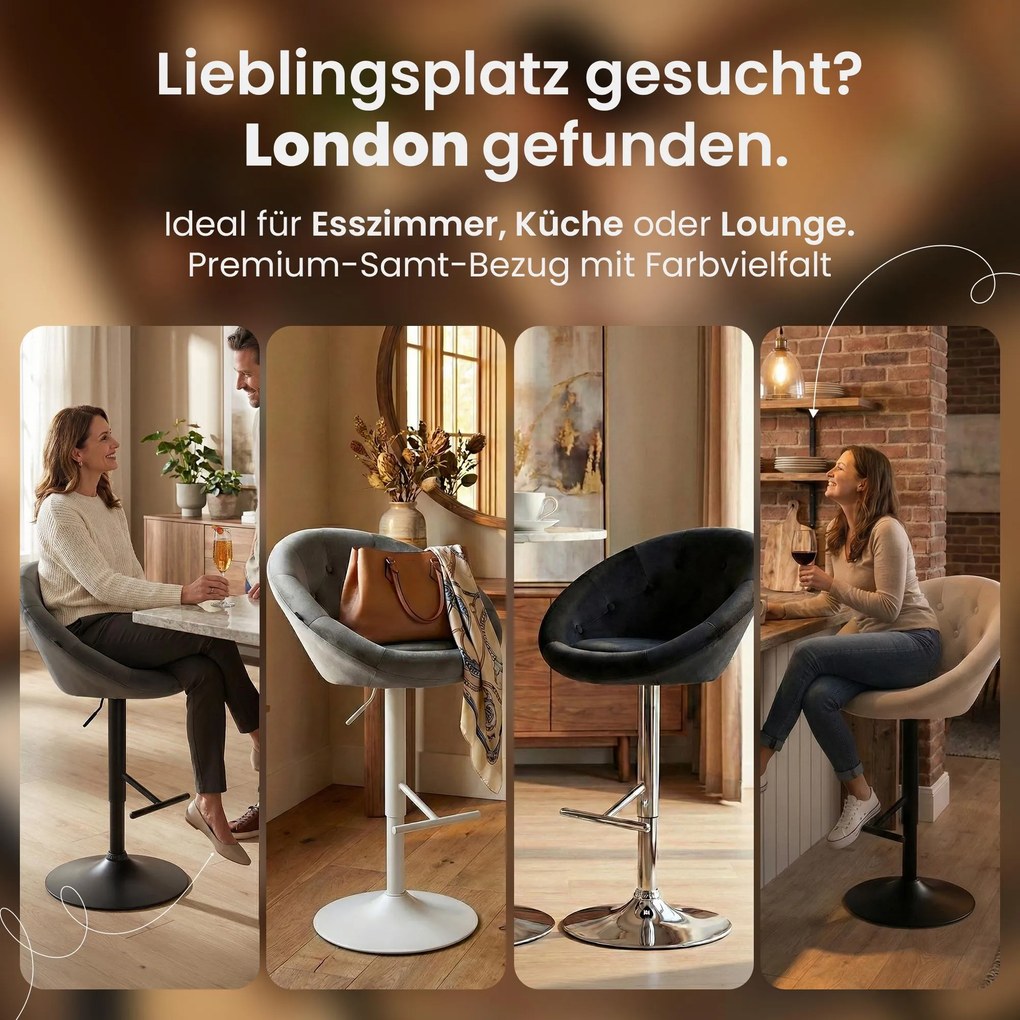 Barová stolička London zamat - chróm rám - sivá