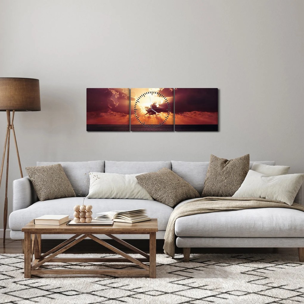 Obraz slnko za mrakmi (s hodinami) (90x30 cm)