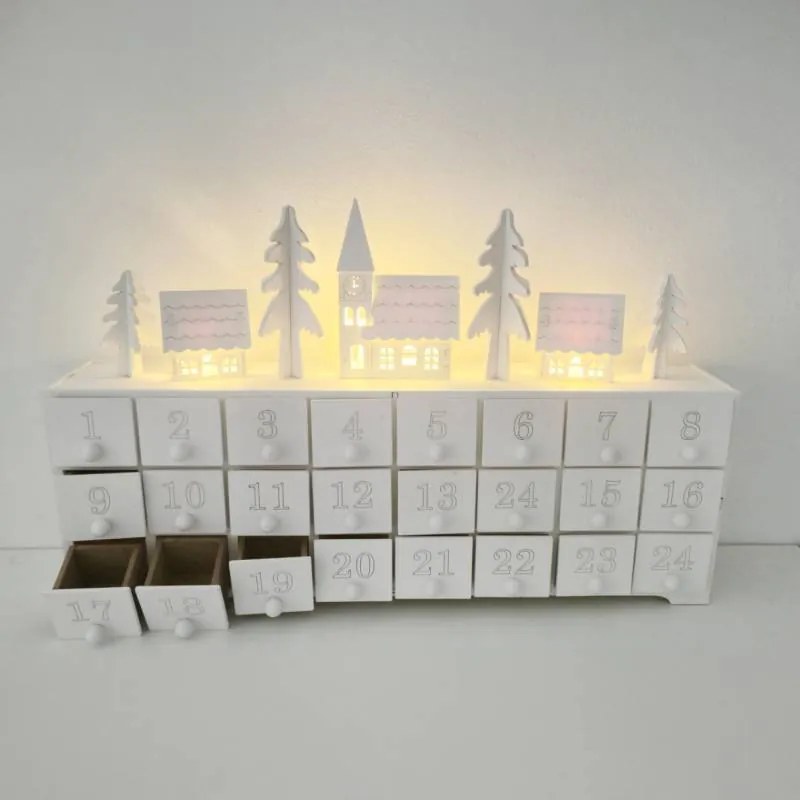 Drevený adventný kalendár LED, 37,5 × 8 × 23 cm, biely, 2× AA
