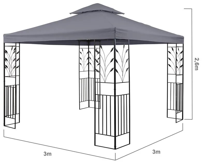 Odeon Grey, záhradný altánok, 3 x 3 m, oceľ, polyester, tmavošedý