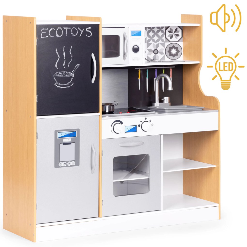 Detská kuchynka so zvukom a LED tabuľou kovové doplnky MDF +3 roky ECOTOYS