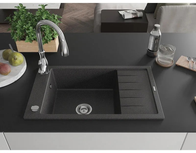 Mexen Elias, 1-komorový granitový drez 795x480x200 mm a drezová batéria Savita, čierna škvrtnitá, 6511-76-672601-00