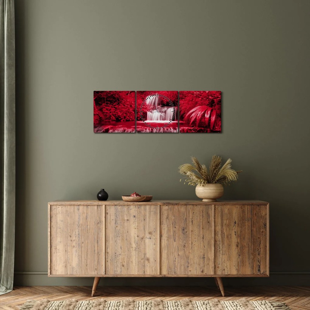 Obraz - Indonézske vodopády v červenej (s hodinami) (90x30 cm)
