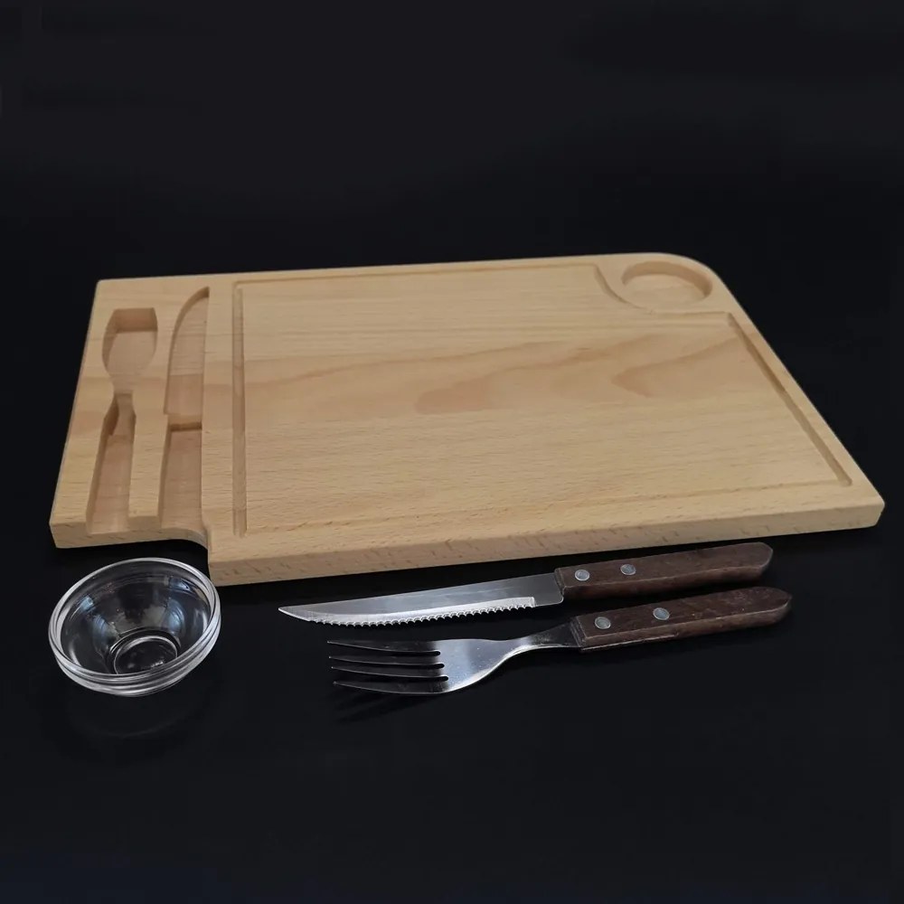 AMADEA Drevená doštička na steak s príborom a sklenenou miskou, masívne drevo, 36x23x2 cm