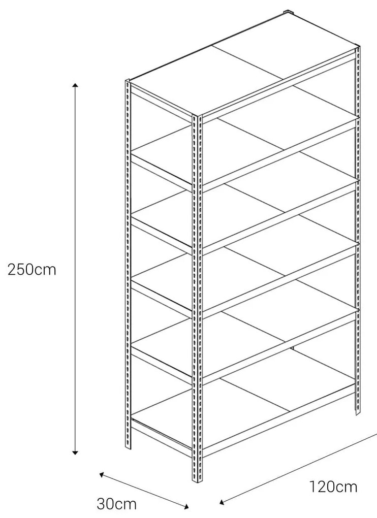 Bezskrutkový kovový regál 250x120x30cm L profil, 6 políc