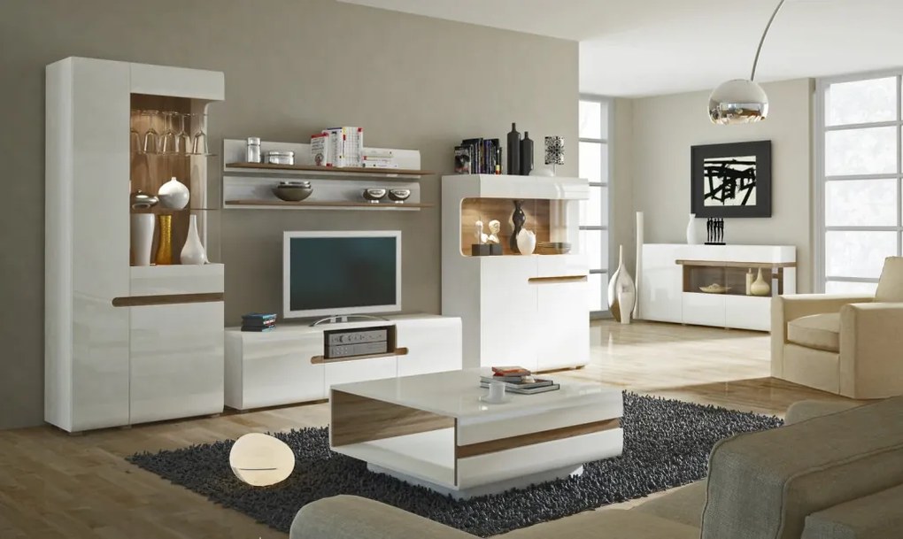 Vysoká vitrína Linate, biely lesk/dub, ľavé dvere