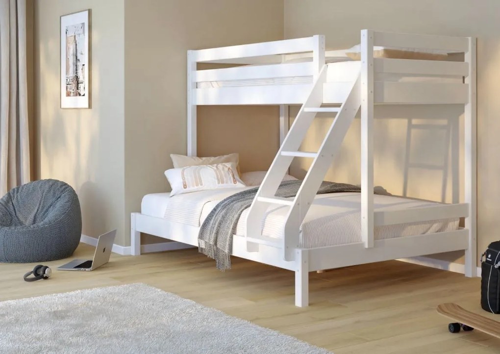 Detská poschodová posteľ z masívu s rozšíreným spodným lôžkom KUBA - 200x90/140 cm - biela