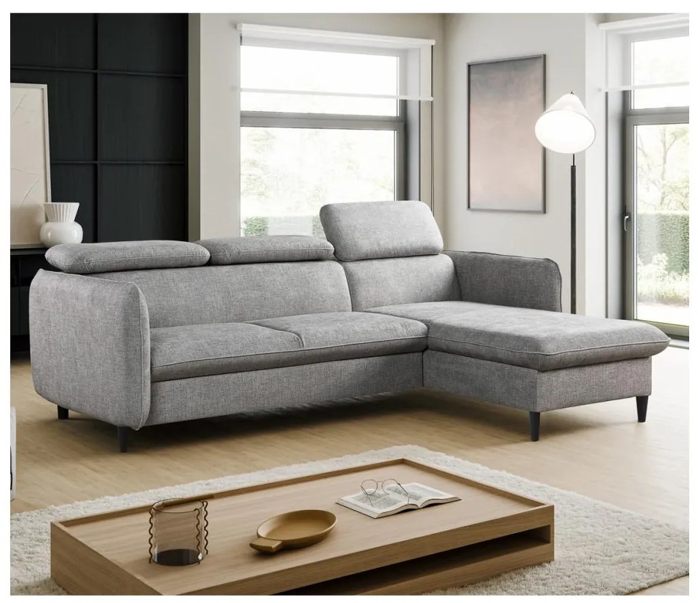 Rozkladacia rohová sedacia súprava do L s úložným priestorom NISA sivá pravá