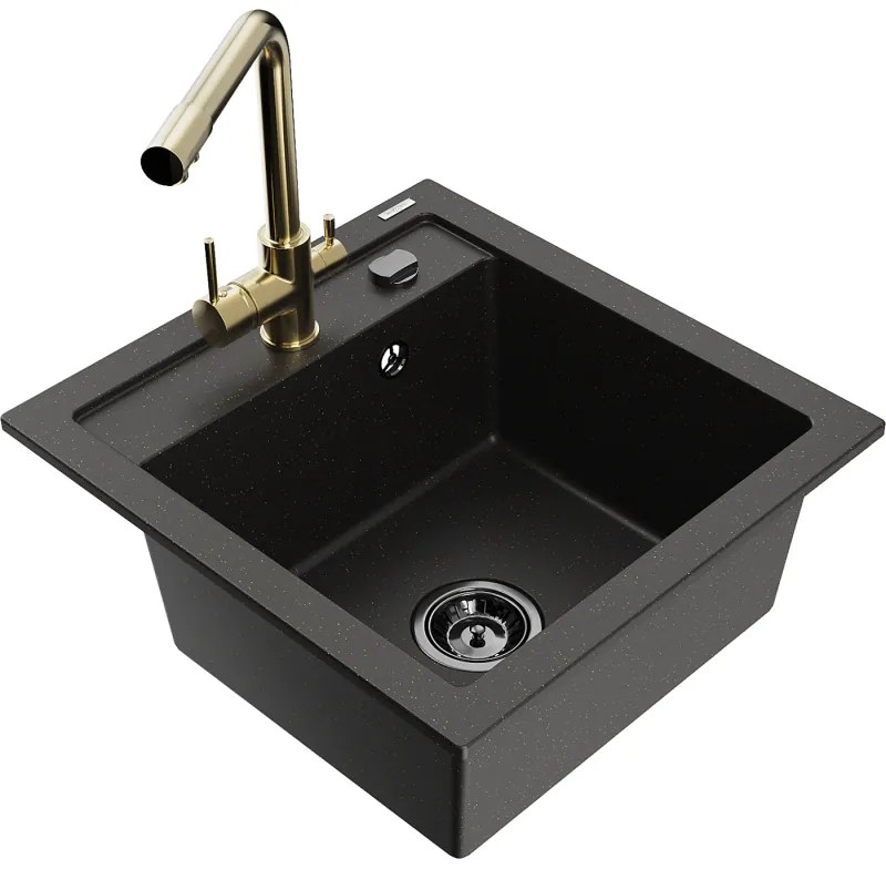 Mexen Vito, 1-komorový granitový drez 520x490x210 mm, zlatá batéria Duero, čierna - zlatá metalíza, 6503-75-671600-50-B